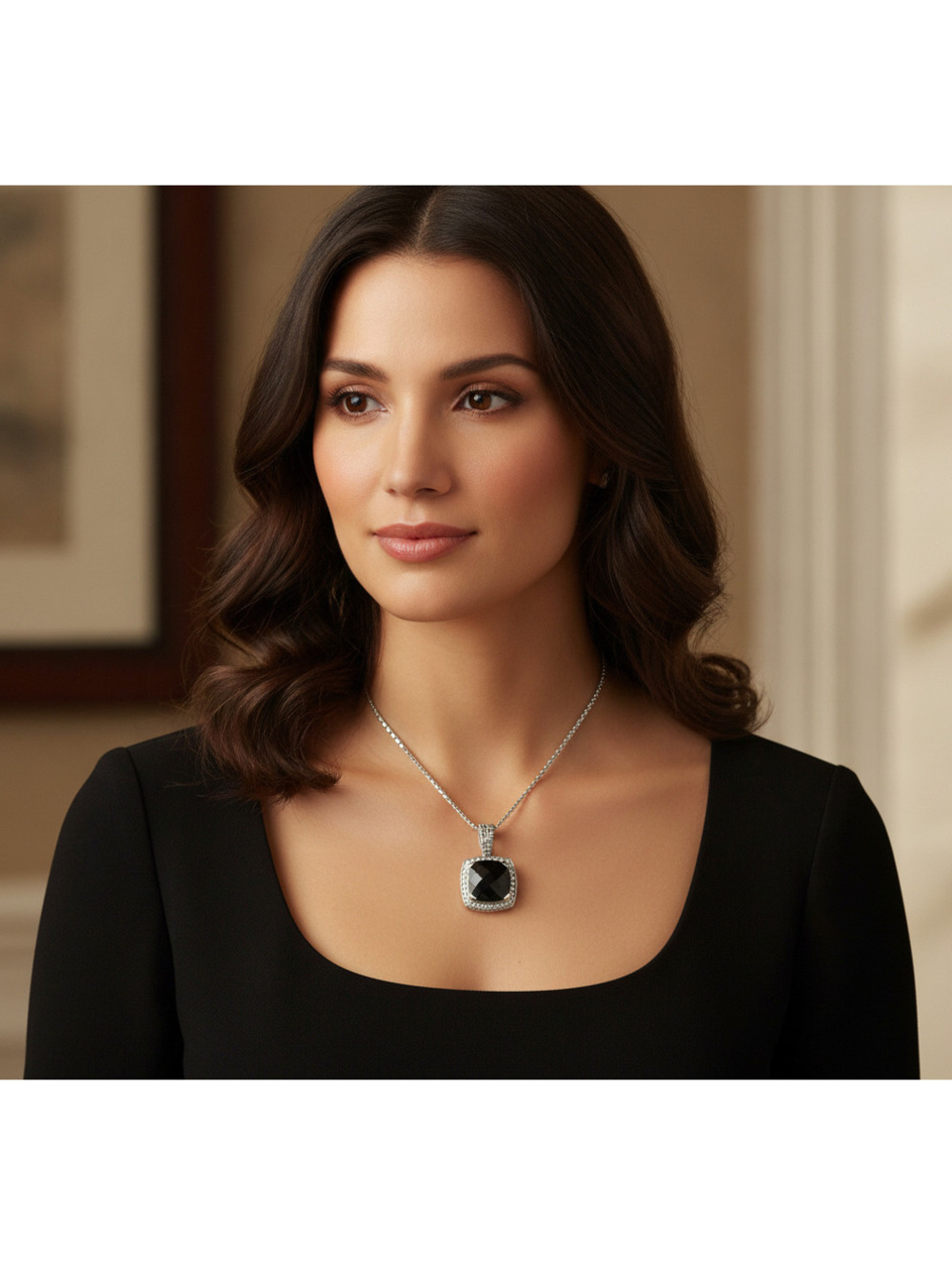 Philip Andre Sterling Silver TW 0.35ct Diamond & Onyx Designer Pendant/Necklace